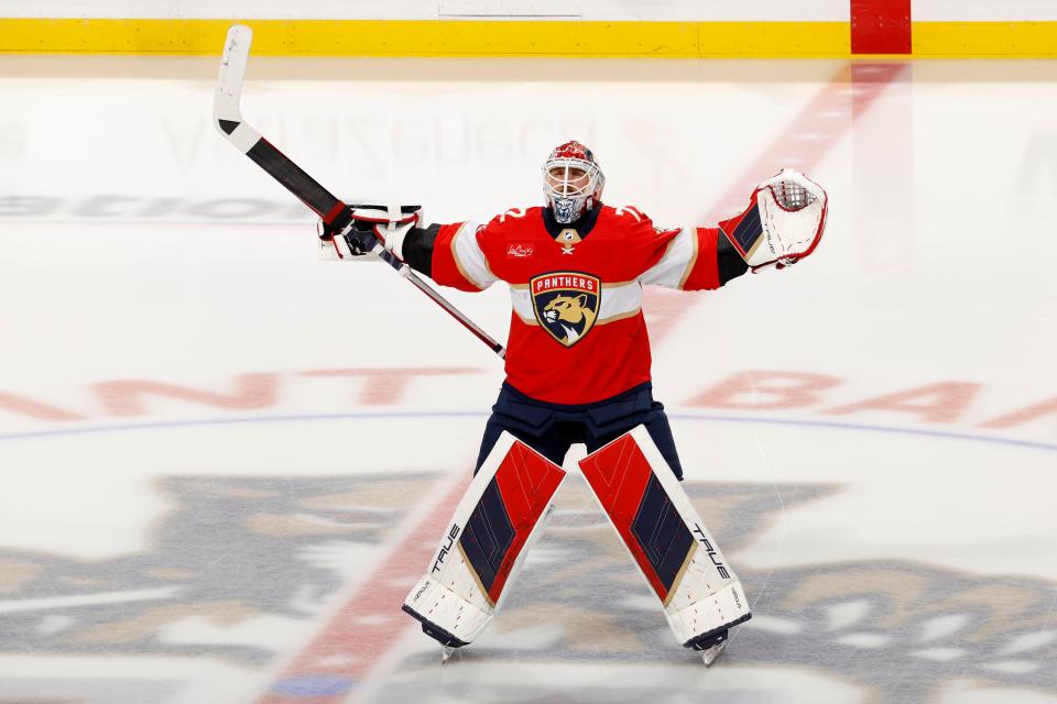 SUNRISE, FLORIDA - MAY 08: Sergei Bobrovsky #72 of the Florida Panthers warms up prior to Game Two of the Second Round of the 2024 Stanley Cup Playoffs against the Boston Bruins at Amerant Bank Arena on May 08, 2024 in Sunrise, Florida.