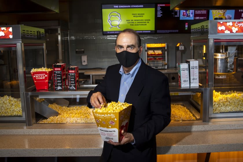 Los Angeles, CA - March 15: Cinemark CEO Mark Zoradi is photographed in the Cinemark Playa Vista and XD movie theater in the Playa Vista neighborhood, of Los Angeles, CA, as the theater reopens Monday, March 15, 2021, as covid-19 restrictions are loosened. As Los Angeles county moved into California's second-most restrictive tier of reopening, the red tier, indoor auditoriums can have 25% capacity with reserved seating and at least six feet of distance in all directions between any groups. (Jay L. Clendenin / Los Angeles Times)