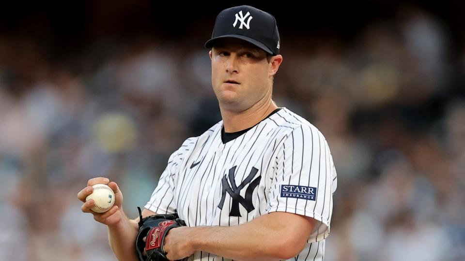 Aug 2, 2023; Bronx, New York, USA; New York Yankees starting pitcher Gerrit Cole (45) reacts during the first inning against the Tampa Bay Rays at Yankee Stadium.