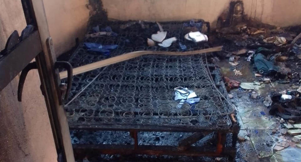 Bedroom at Mandalas Hostel in San Pedro La Lagun, Guatemala damaged by fire. 