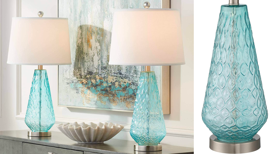 This matching set of lamps mimics muted shades of sea glass.