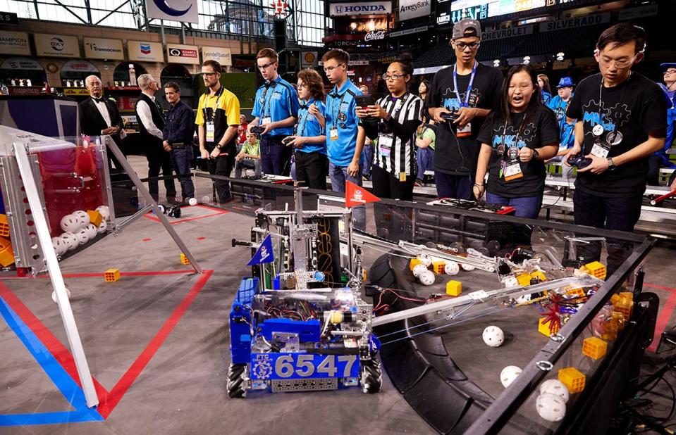 FIRST Tech Challenge teams compete on a standardized field with robots they create and program.