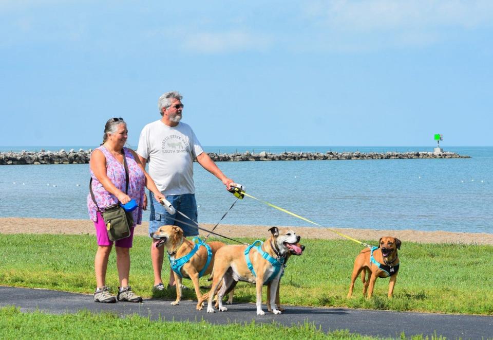 “Port Clinton’s Calling Me” highlights the beach life offered by Lake Erie. Here, a couple and their dogs enjoy the beach on a warm, late summer day.