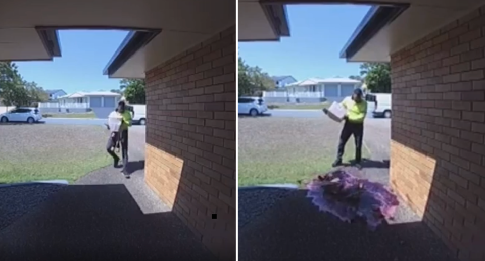 Screenshots from the video of the incident showng the Australia Post driver carrying a box and the bottom giving way, sending bottles of wine crashing to the floor.