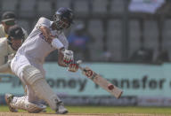 India's Axar Patel plays shot during the day two of their second test cricket match with New Zealand in Mumbai, India, Saturday, Dec. 4, 2021.(AP Photo/Rafiq Maqbool)