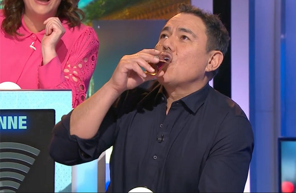 Sam Pang on Have You Been Paying Attention doing a shot