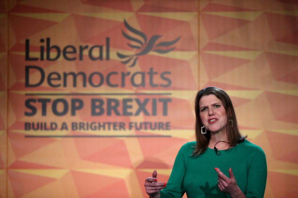 Britain's Liberal Democrat leader Jo Swinson speaks at the launch of the party manifesto in London, Britain, November 20, 2019. REUTERS/Hannah McKay