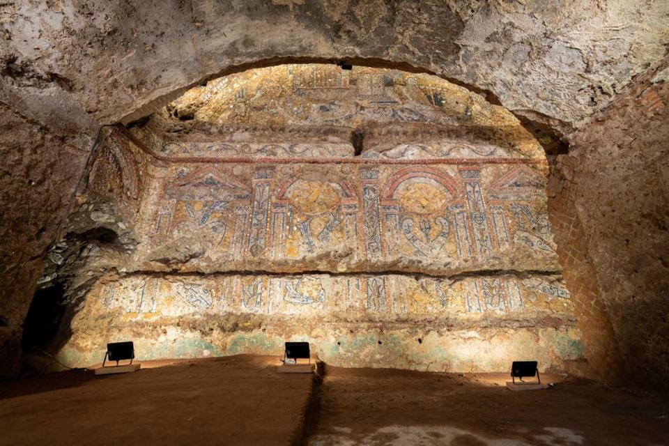 The elaborate mosaic found inside the ancient Roman house in Rome, Italy.