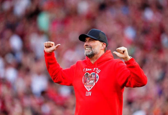 Jurgen Klopp gestures to the crowd on his farewell appearance as Liverpool manager