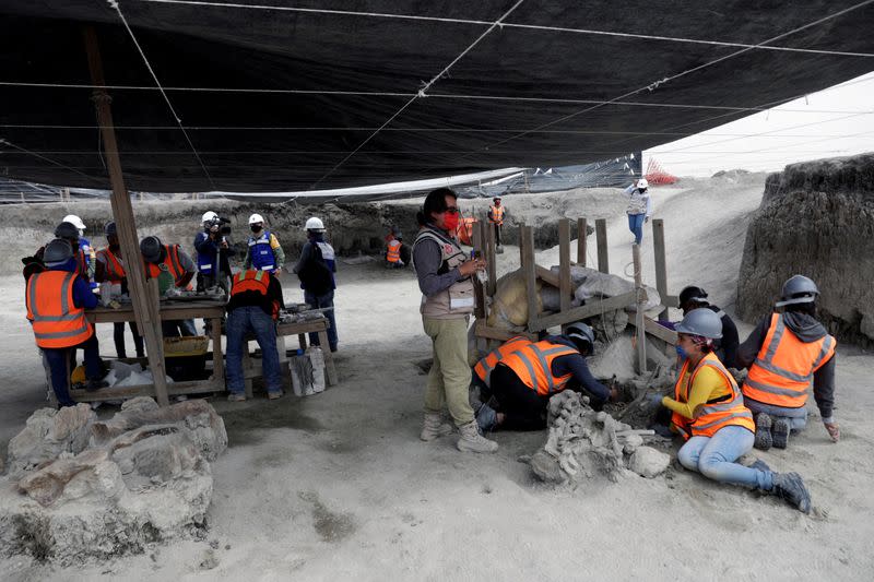 An archaeologist and a worker of Mexico's National Institute of Anthropology and History (INAH) work at a site where more than 100 mammoth skeletons have been identified, along with a mix of other ice age mammals, in Zumpango