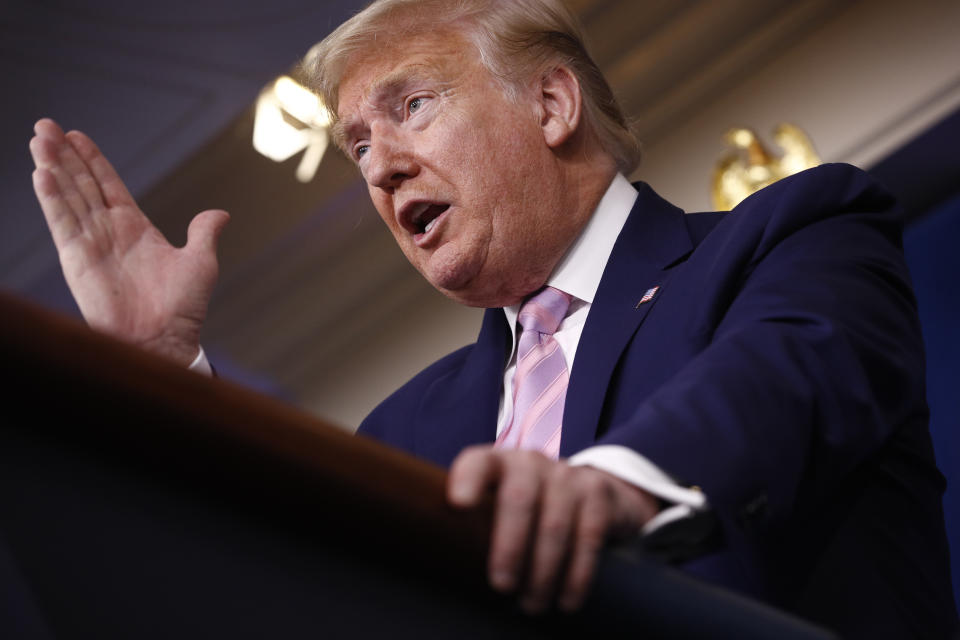 President Donald Trump speaks during a coronavirus task force briefing at the White House, Saturday, April 4, 2020, in Washington. (AP Photo/Patrick Semansky)