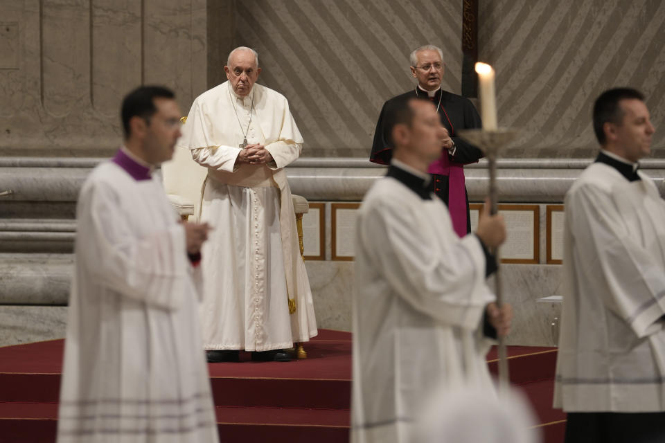 Pope Francis leads a prayer for peace inside St. Peter's Basilica, at The Vatican, Friday, Oct. 27, 2023. (AP Photo/Andrew Medichini)