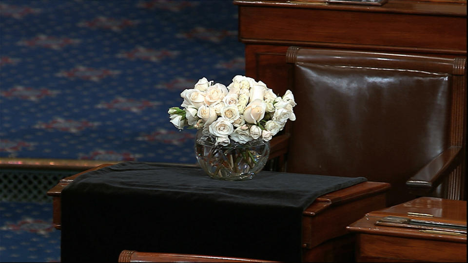 <p>The desk of Sen. John McCain, R-Ariz., is draped in black on the floor of the U.S. Senate on Monday, Aug. 27, 2018, on Capitol Hill in Washington. (Photo: Senate Television via AP) </p>