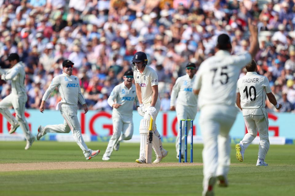 England batsman Dan Lawrence is dismissed by New Zealand bowler Neil Wagner for 0 (Getty)