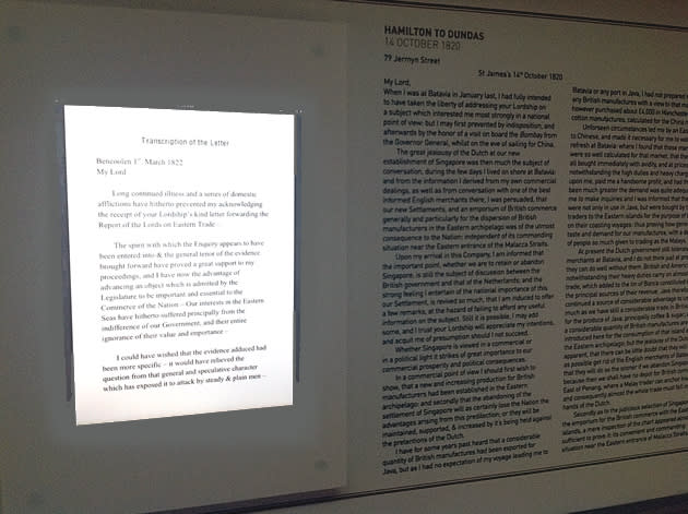 The digital transcriptions of Raffles' letters are captured in the iBooks app on iPads placed beneath the actual letters in the exhibition. Transcriptions of the letters are also reproduced in printed descriptions below the actual handwritten letters. (Yahoo! photo)