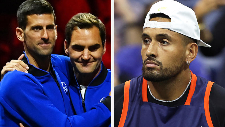 Novak Djokovic, Roger Federer and Nick Kyrgios are pictured left to right.