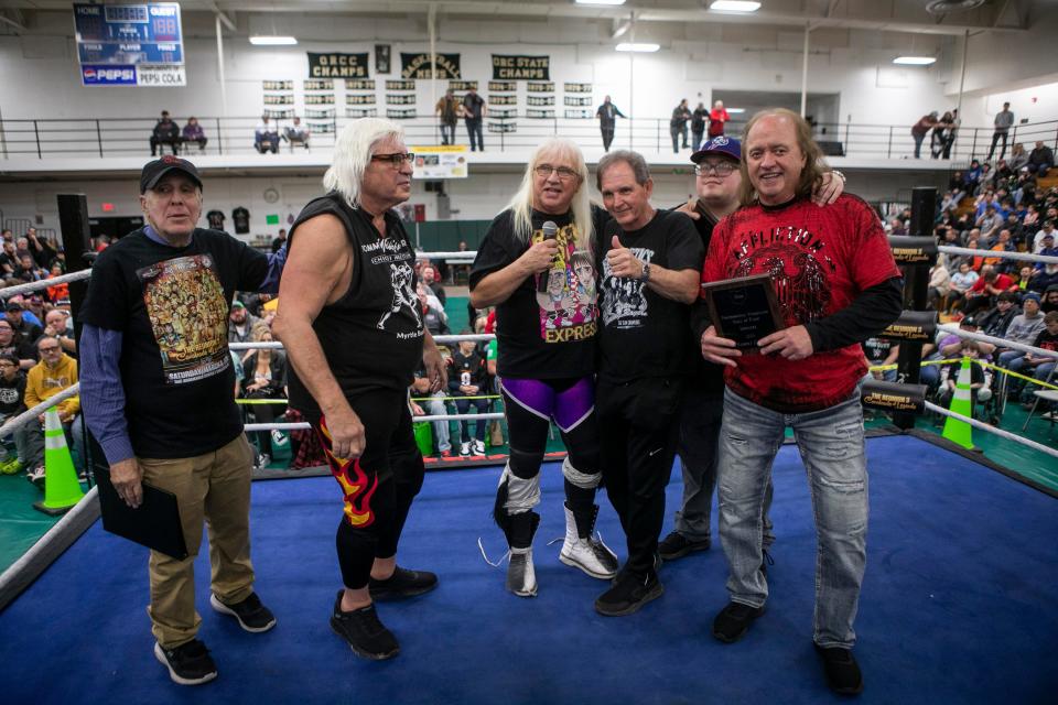 Professional wrestlers put on a show for the crowd during the Big Time Wrestling event at Ohio University Chillicothe on Mar. 6. 2024, in Chillicothe, Ohio.