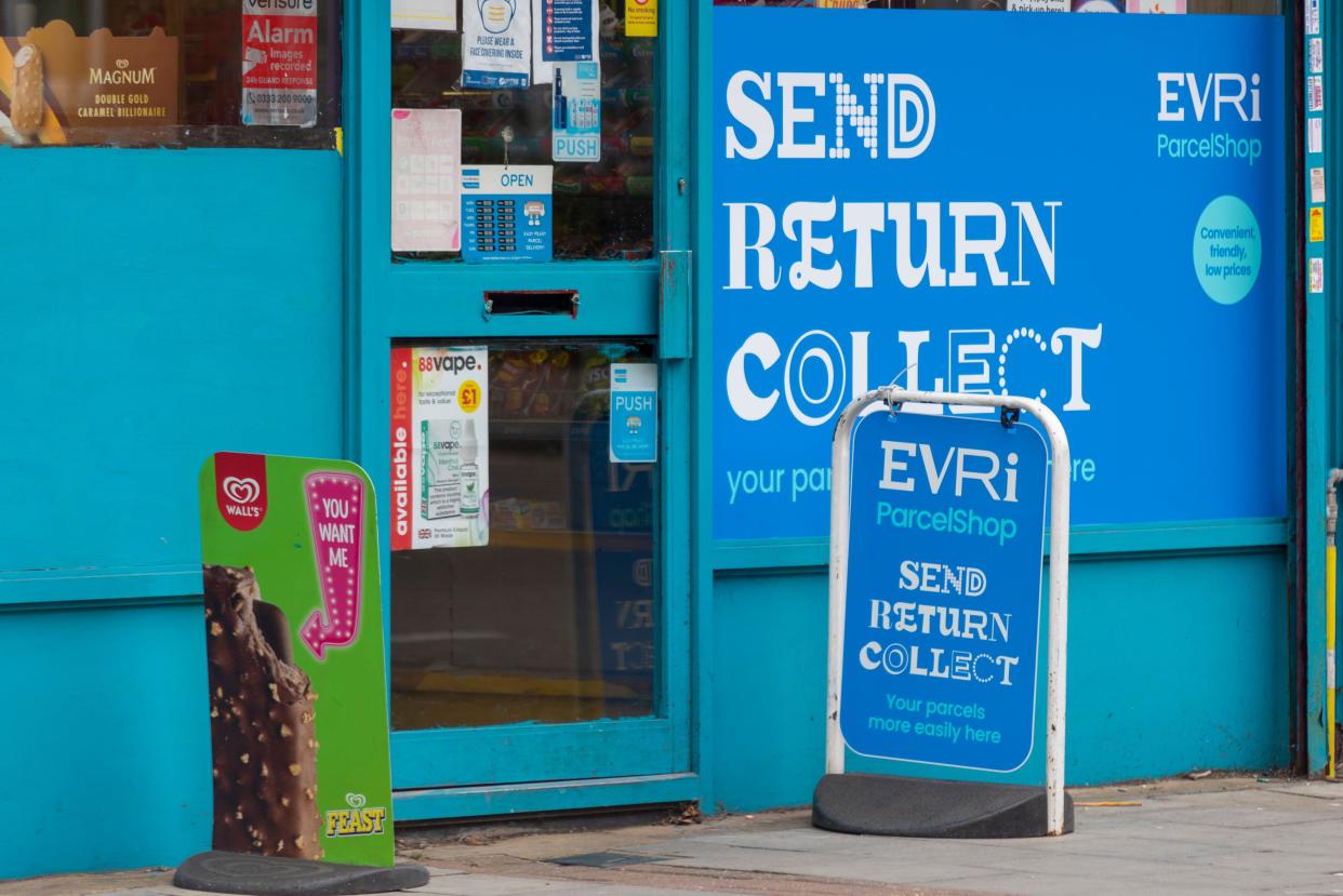 Evri Parcel Shop in Westcliff on Sea, Essex, UK. EvRi, is the new brand name for the courier Hermes. EvRi Europe GmBH parcel delivery service. Rebrand