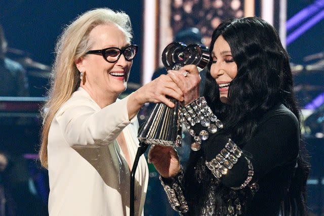 <p>Michael Buckner/Billboard via Getty</p> Meryl Streep and Cher at the iHeartRadio Music Awards in Los Angeles on April 1, 2024