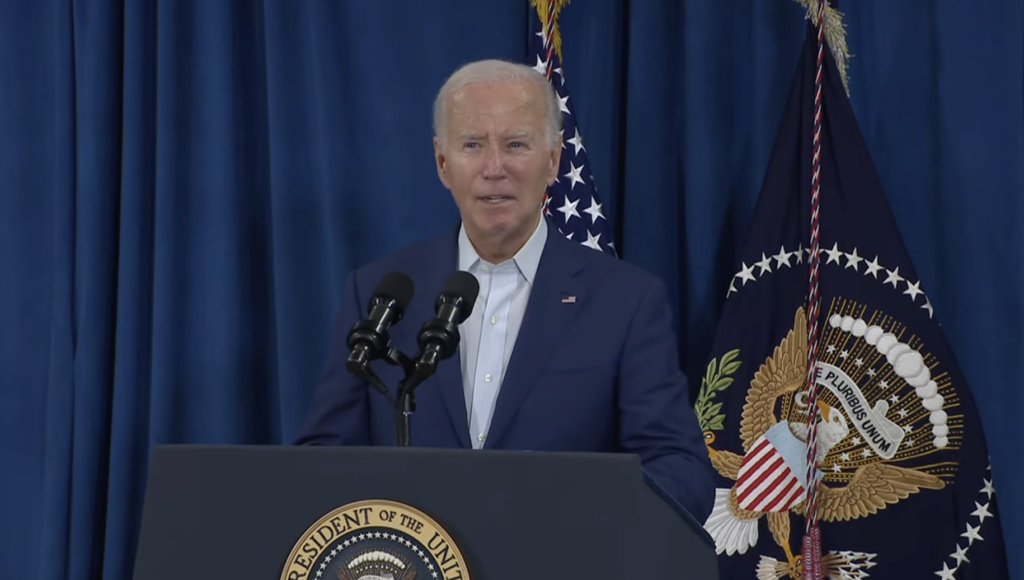 President Joe Biden gives brief remarks from Rehoboth Beach, Del., on Saturday, July 13, 2024, on the shooting at Donald Trump’s rally in Pennsylvania.  (Screenshot from White House livestream)