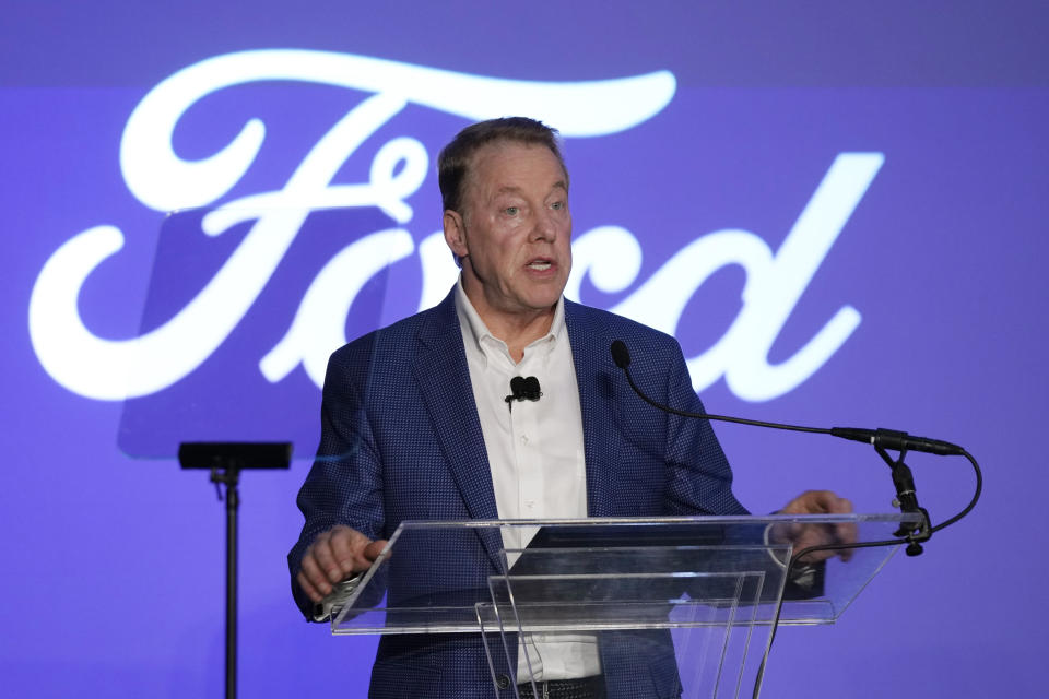 Ford Motor Company Executive Chairman Bill Ford delivers remarks on the future of American manufacturing, Monday, Oct. 16, 2023, in Dearborn, Mich. (AP Photo/Carlos Osorio)