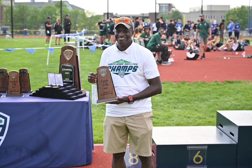 Ball State women's track and field head coach Adrian Wheatley wan named Coach of the Year after leading the team to its first MAC Outdoor Championship since 2001 at Akron on Saturday, May 13, 2023.