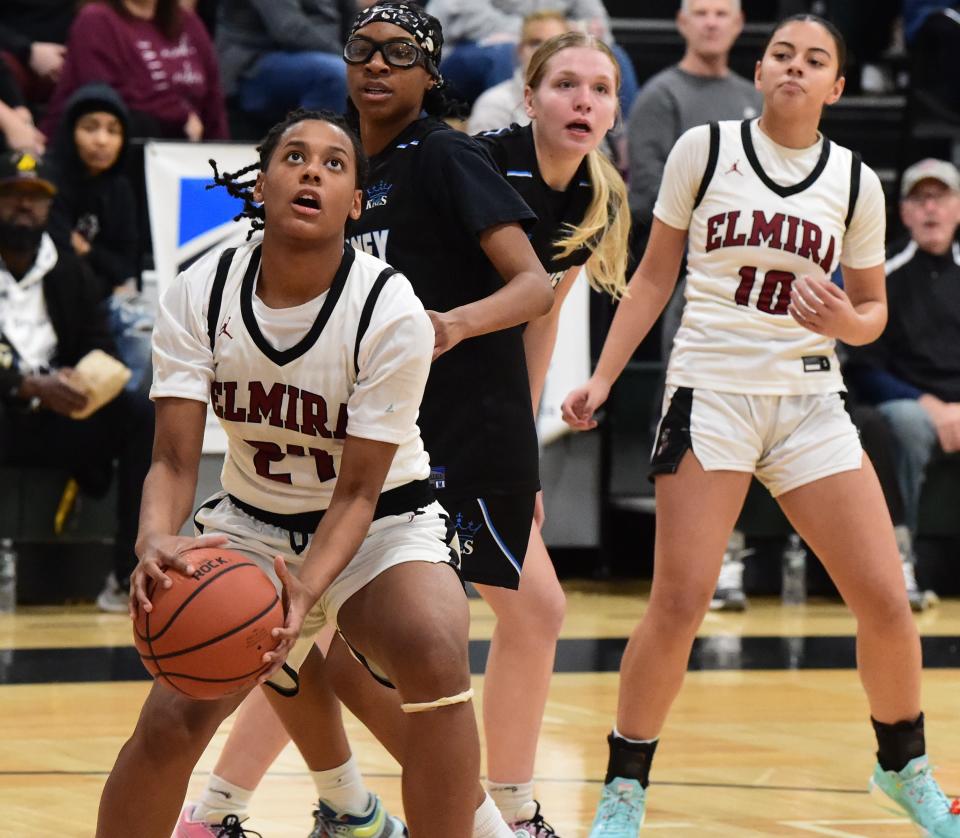 Elmira's Mariah Matias (24) goes up with the ball during a 62-49 loss to Bishop Kearney in a Girls Division game at the Josh Palmer Fund Clarion Classic on Dec. 27, 2023 at Elmira High School.