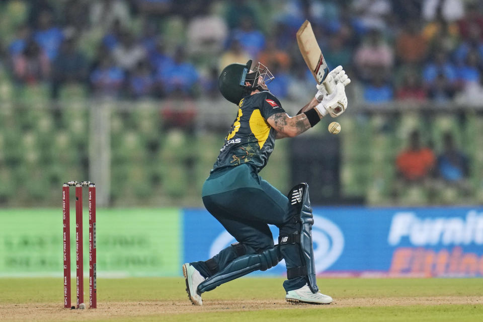 Australia's captain Matthew Wade bats during the second T20 cricket match between India and Australia in Thiruvananthapuram, India, Sunday, Nov. 26, 2023. (AP Photo/Aijaz Rahi)