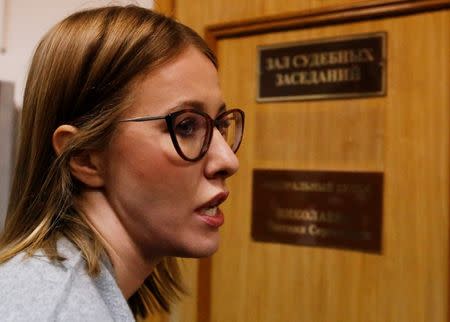 Russian TV personality Ksenia Sobchak arrives for a trial of Russian theatre director Kirill Serebrennikov, who was accused of embezzling state funds and placed under house arrest, in Moscow, Russia October 17, 2017. REUTERS/Sergei Karpukhin