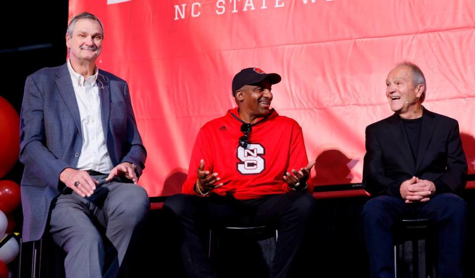 From left, former N.C. State stars Tommy Burleson, David Thompson and Monte Towe participate in a panel with former Maryland players talking about the 1974 ACC championship game between the Wolfpack and the Terrapins. The former players spoke in Greensboro, N.C., Friday, March 10, 2023.