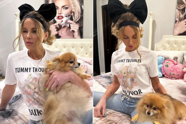 <p>Kate Beckinsale/Instagram</p> Kate Beckinsale shares a new post on Instagram on April 17, wearing a t-shirt that said 'Tummy Troubles Survivor'