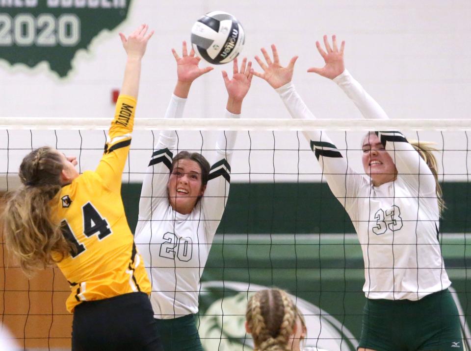 Sydney Turner (20) and Maddie Heiser (33), shown here during a Division IV regional semifinal last season, helped Central Catholic extend Monday's match against Perry to five sets. The Panthers won the match.