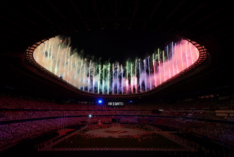 Fireworks are seen during the closing ceremony of the Tokyo 2020 Olympic Games at the Olympic stadium in Japan. Picture date: Sunday August 8, 2021. (Photo by Martin Rickett/PA Images via Getty Images)