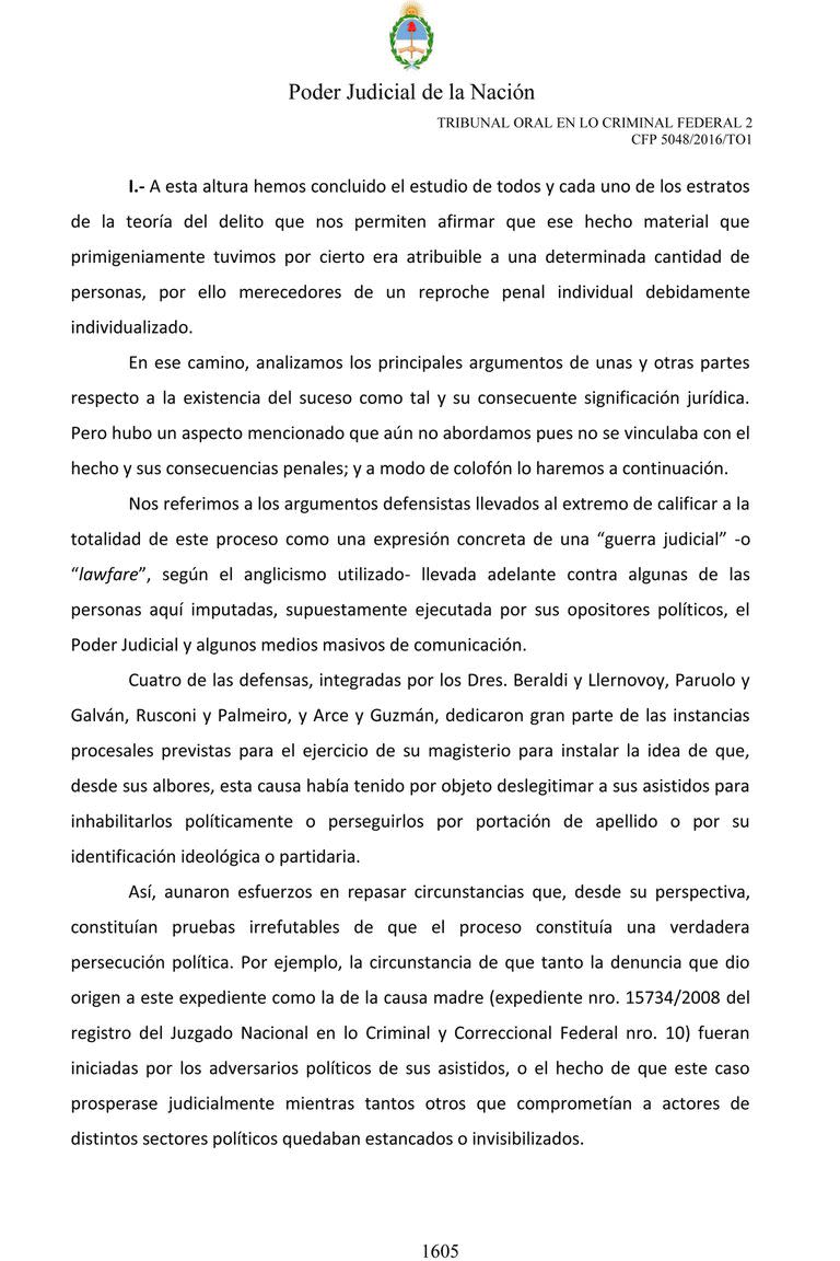 Página 1605 de los fundamentos de la sentencia a Cristina Kirchner