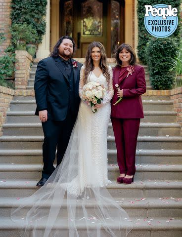 <p>Christine Skari Photography</p> exclusive to People Andraia Allsop & Wolfgang Van Halen Wedding - October 15th, 2023- Selects for People Wolfgang and Andraia Van Halen on their wedding day, outside their home together, with Wolfgangâ€™s mother, Valerie Bertinelli.