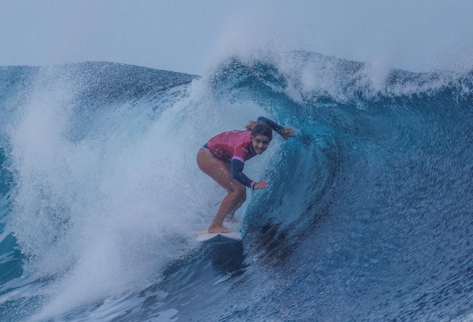 Caroline Marks of the United States takes part in the surfing gold medal match between Caroline Marks of the United States and Tatiana Weston-Webb of Brazil at the 2024 Paris Olympic Games in Teahupo'o, Tahiti, French Polynesia, on August 5, 2024. (Photo by Ma Ping/Xinhua via Getty Images)