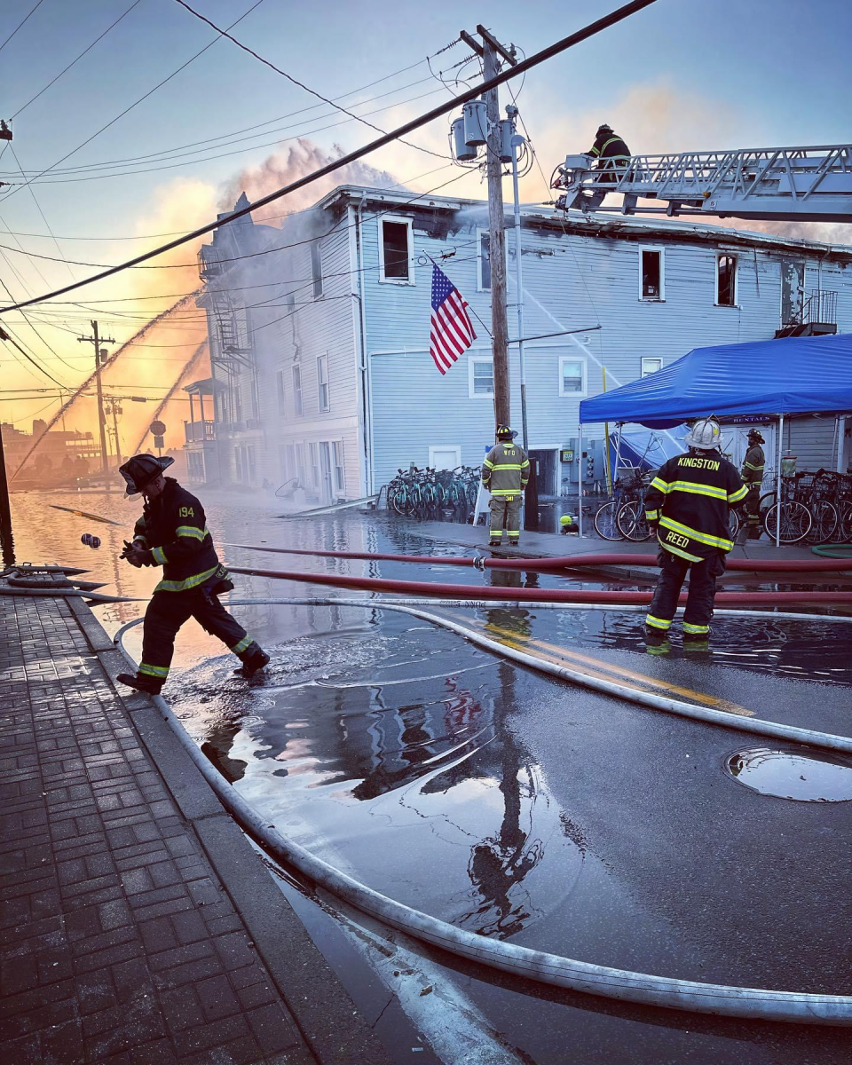 Firefighters continued to work the fire at the Harborside Inn on Block Island into the daylight hours of Aug. 19.