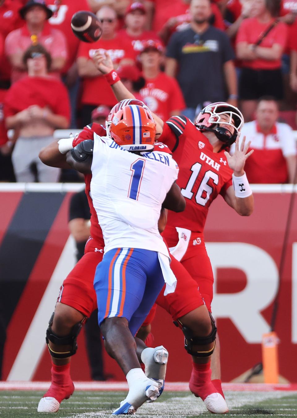 Utah Utes quarterback Bryson Barnes (16) makes a touchdown throw on the first offensive play against the Florida Gators in Salt Lake City on Thursday, Aug. 31, 2023 during the season opener. Utah won 24-11. | Jeffrey D. Allred, Deseret News