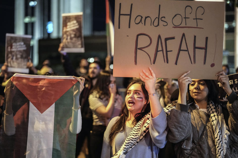 Demonstrators protest in solidarity with Gaza, outside the Israeli consulate in Istanbul, Monday, May 6, 2024. (AP Photo/Emrah Gurel)