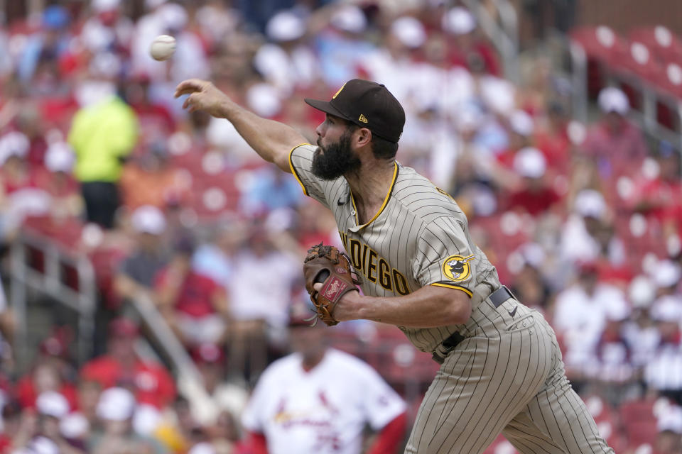 San Diego Padres starting pitcher Jake Arrieta throws during the first inning of a baseball game against the St. Louis Cardinals Sunday, Sept. 19, 2021, in St. Louis. (AP Photo/Jeff Roberson)