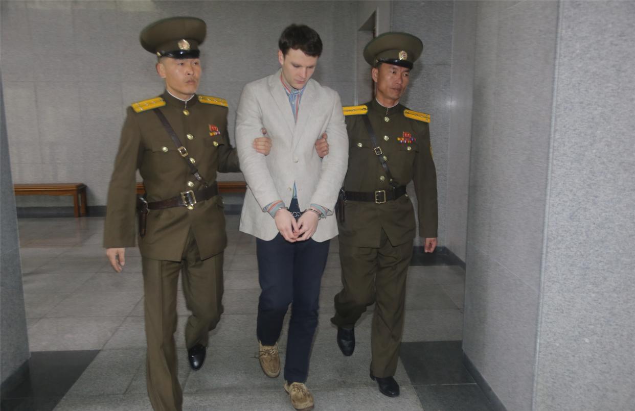 US student Otto Warmbier after being arrested in North Korea (Rex)