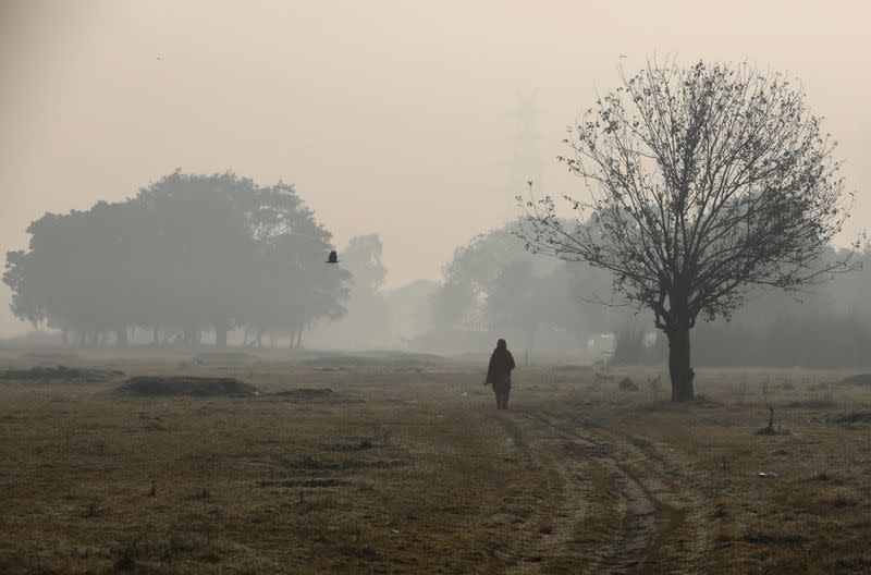 A woman walks across a field near the Yamuna river on a smoggy morning in New Delhi