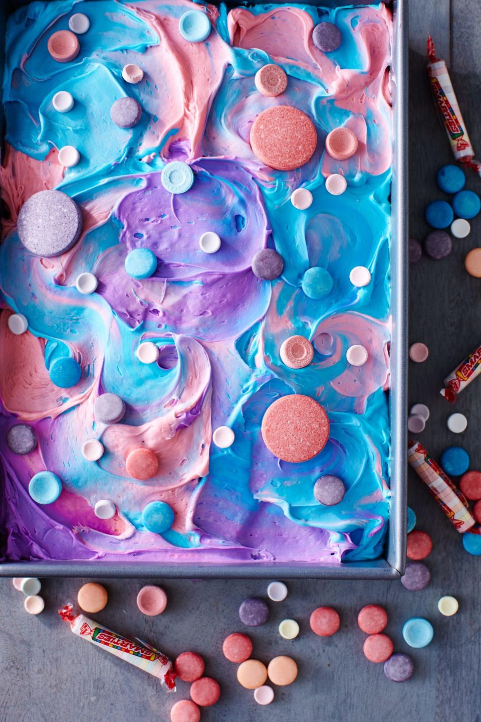 SweeTARTS and Smarties Tie-Dye Cake