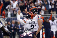 Chicago Bears place kicker Cairo Santos (2) celebrates after kicking a game-winning 30-yard field goal against the Houston Texans during the second half of an NFL football game Sunday, Sept. 25, 2022, in Chicago. The Bears won 23-20. (AP Photo/Charles Rex Arbogast)