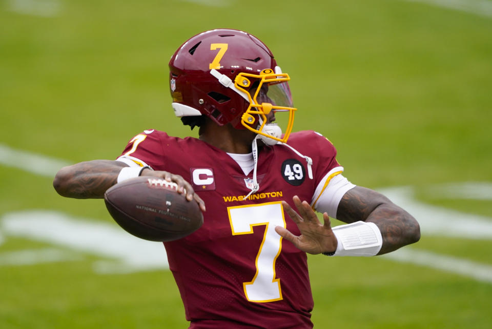 Washington Football Team quarterback Dwayne Haskins (7) as he prepares to throw the ball against the Seattle Seahawks during the first half of an NFL football game, Sunday, Dec. 20, 2020, in Landover, Md. (AP Photo/Mark Tenally)