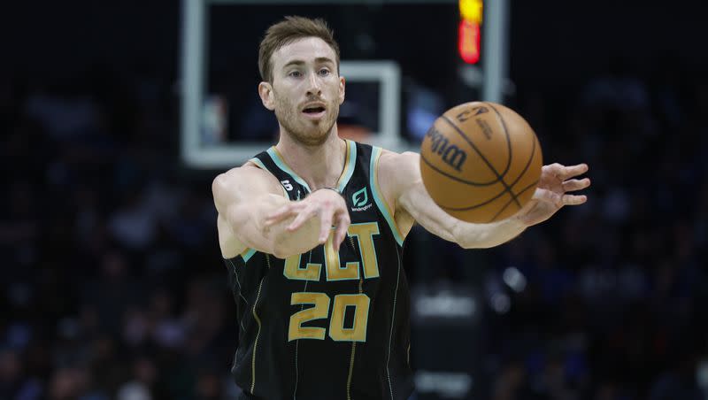 Charlotte Hornets forward Gordon Hayward passes against the Dallas Mavericks during the first half of an NBA basketball game in Charlotte, N.C., Sunday, March 26, 2023. Charlotte won 110-104. 