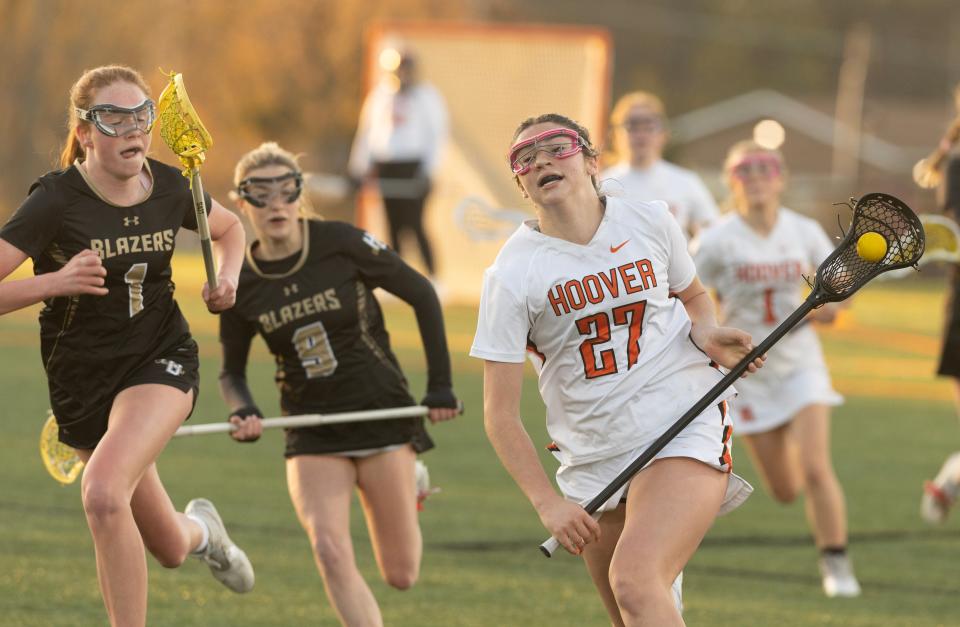 Hoover's Kim Otte brings the ball down field in the first half against Hathaway Brown at Hoover Thursday, April 25, 2024.