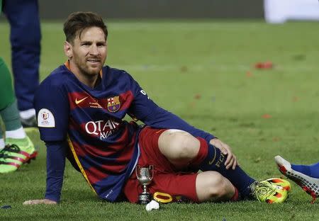 Soccer Football - FC Barcelona vs Sevilla - Copa del Rey Final - Vicente Calderon, Madrid, Spain - 22/5/16 Barcelona's Lionel Messi celebrates after winning the Copa del Rey Final Reuters / Sergio Perez Livepic