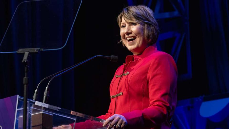 Barbara Maushard, senior VP, news, Hearst Television, on stage at the Ziegfeld Ballroom.