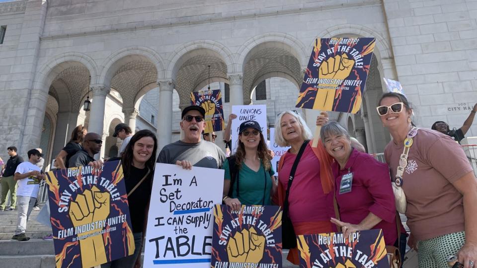 Pam Elyea (2nd from right) with members of the Set Decorators Society of America on the steps of Los Angeles City Hall October 23 / Courtesy Pam Elyea